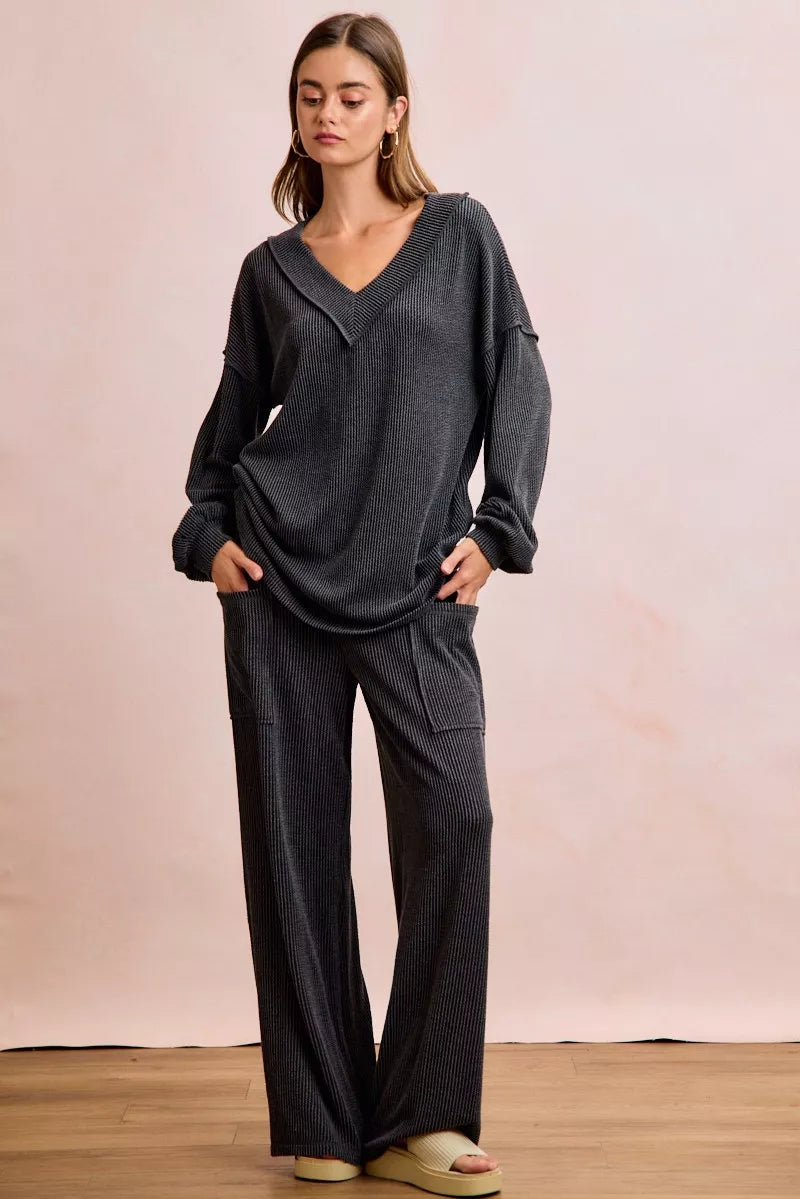 Hazel Blues® |  BiBi Two Tone Cord Rib Contrast Stitching V-Neck Top and Pants Set