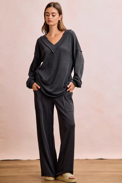 Hazel Blues® |  BiBi Two Tone Cord Rib Contrast Stitching V-Neck Top and Pants Set