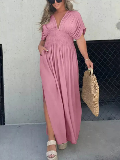 Hazel Blues® | Slit V-Neck Smocked Waist Maxi Dress