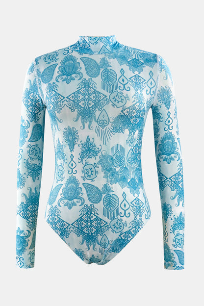 Hazel Blues® | Printed Mock Neck Long Sleeve One-Piece Swimwear