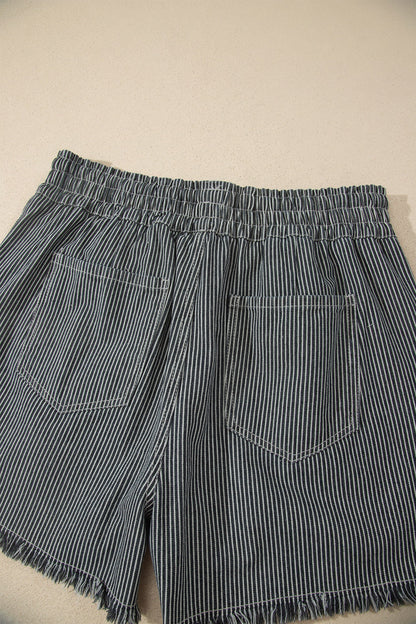 Hazel Blues® |  Black Stripe Raw Edge Drawstring Elastic Waist Casual Denim Shorts