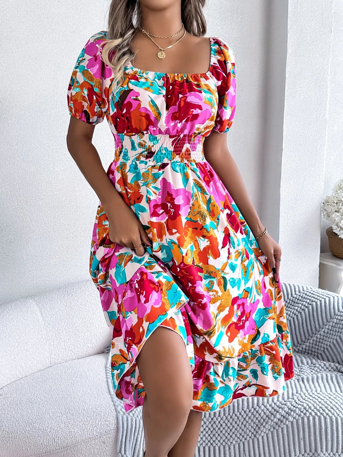 Hazel Blues® |  Ruffled Hem Smocked Floral Short Sleeve Midi Dress