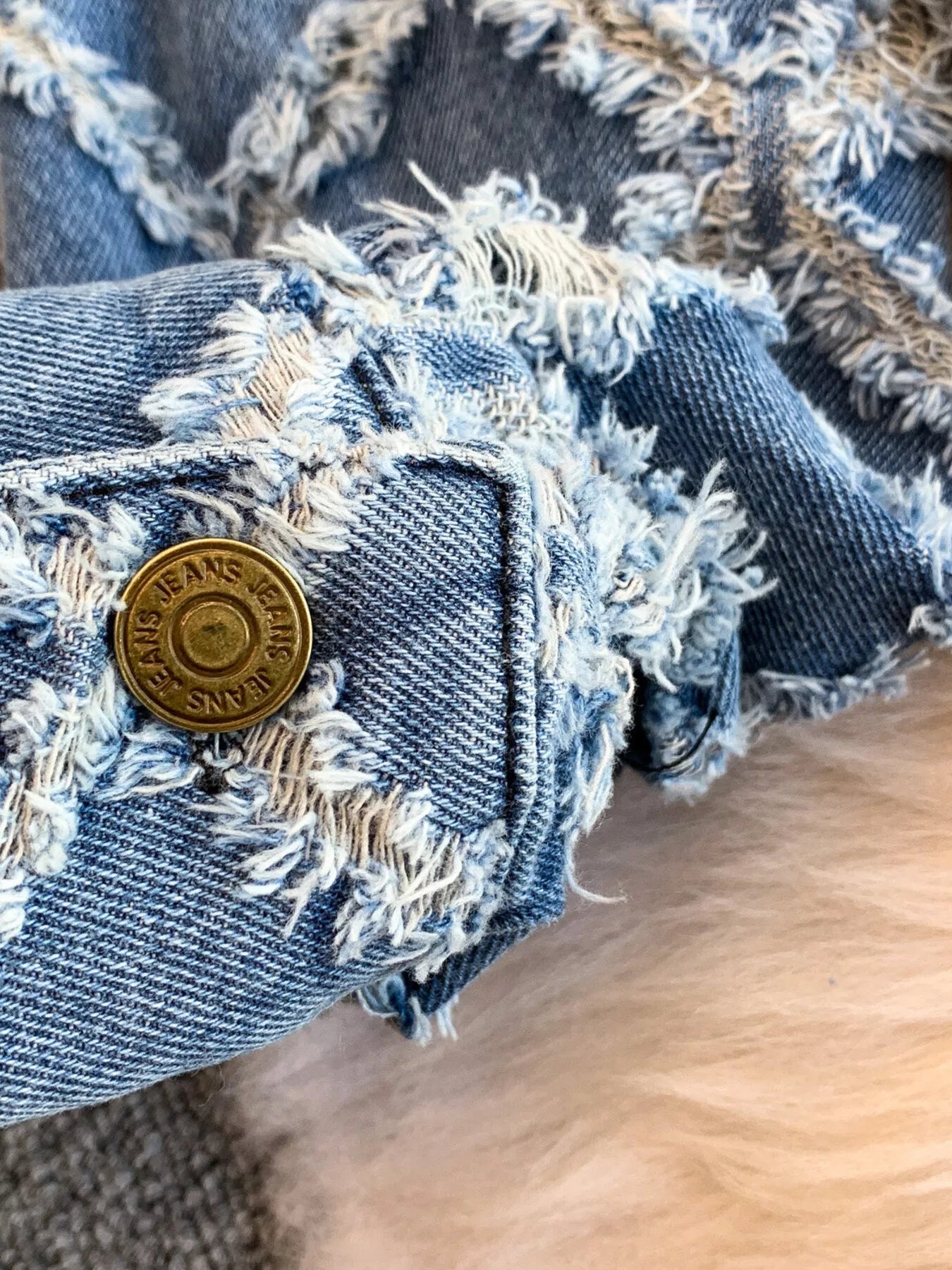 Hazel Blues® |  Distressed Diamond Pattern Jacket and Shorts Denim Set