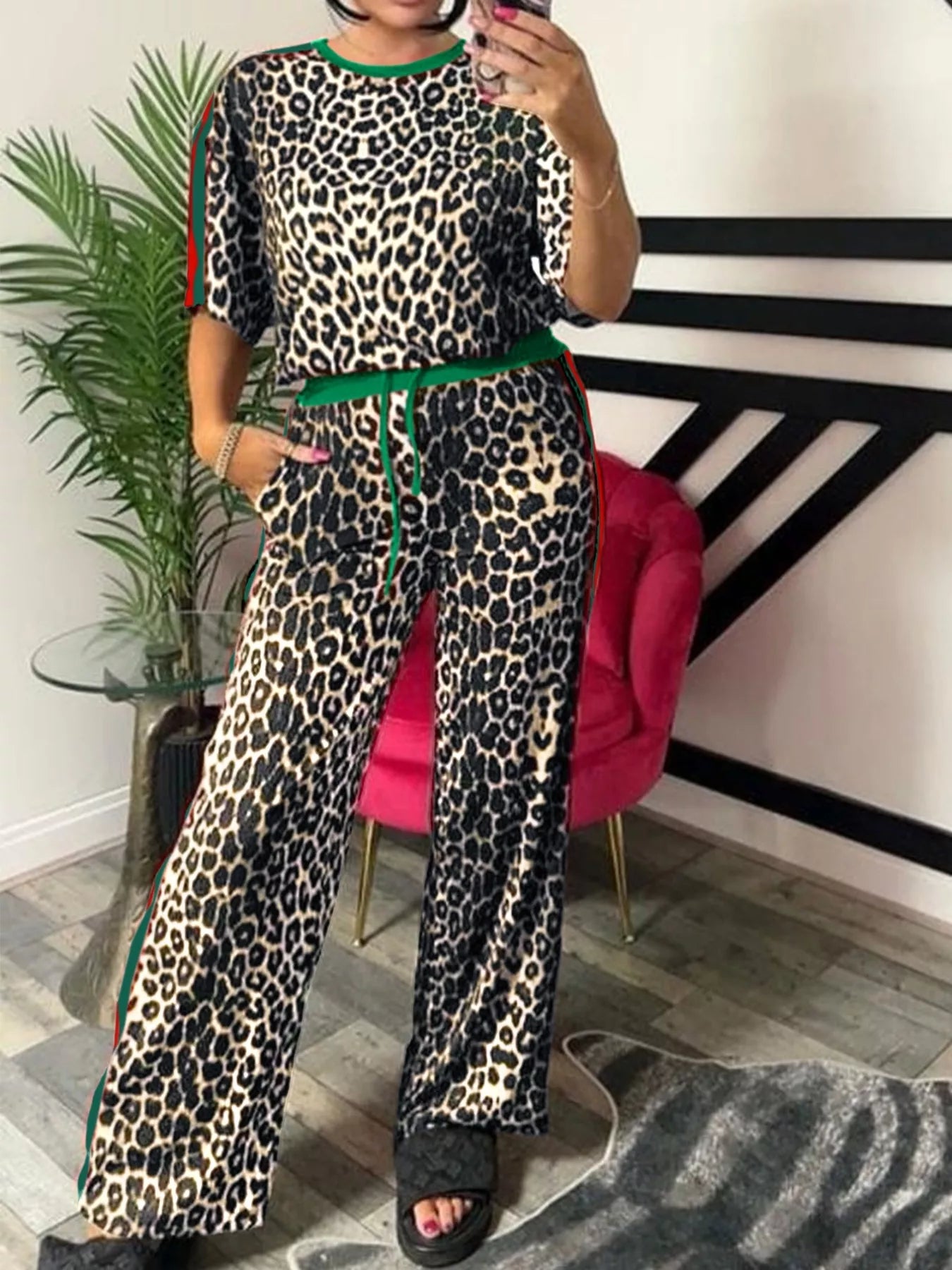 Hazel Blues® |  Leopard Round Neck Top and Pants Two-Piece Set