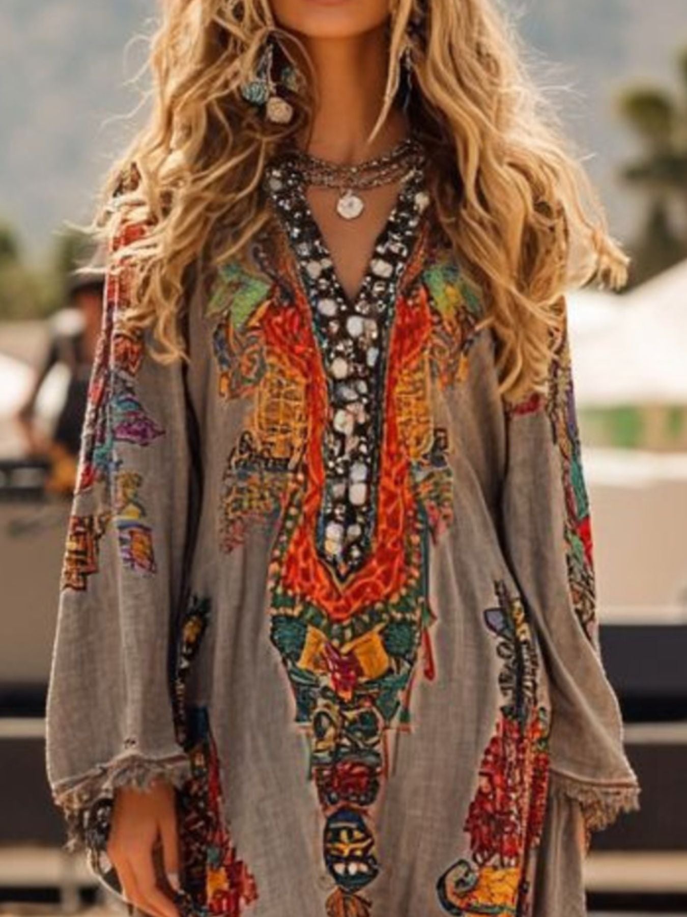 Hazel Blues® |  Fringe Hem Notched Long Sleeve Dress