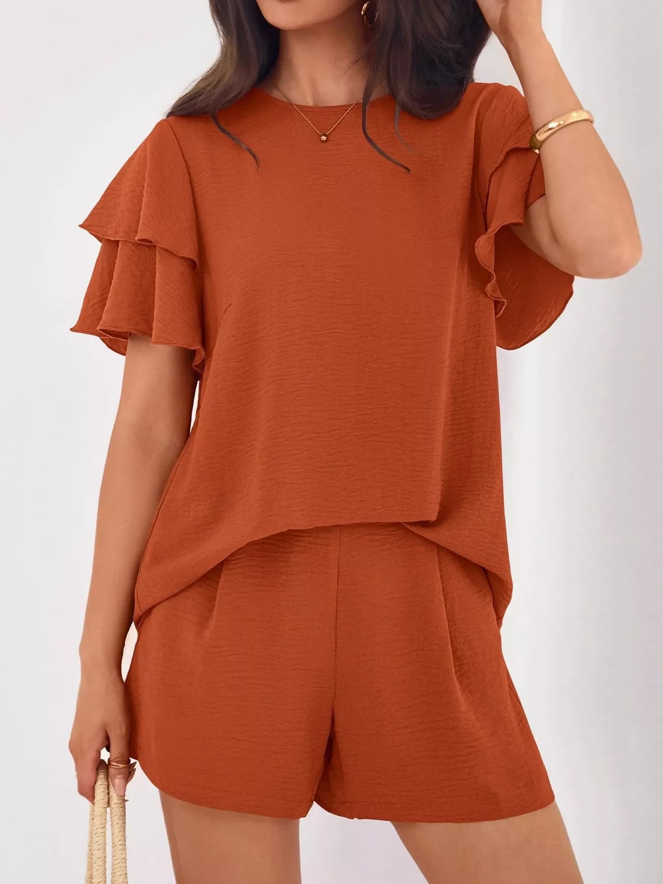Hazel Blues® |  Ruffle Sleeve Top and Shorts Two-Piece Set