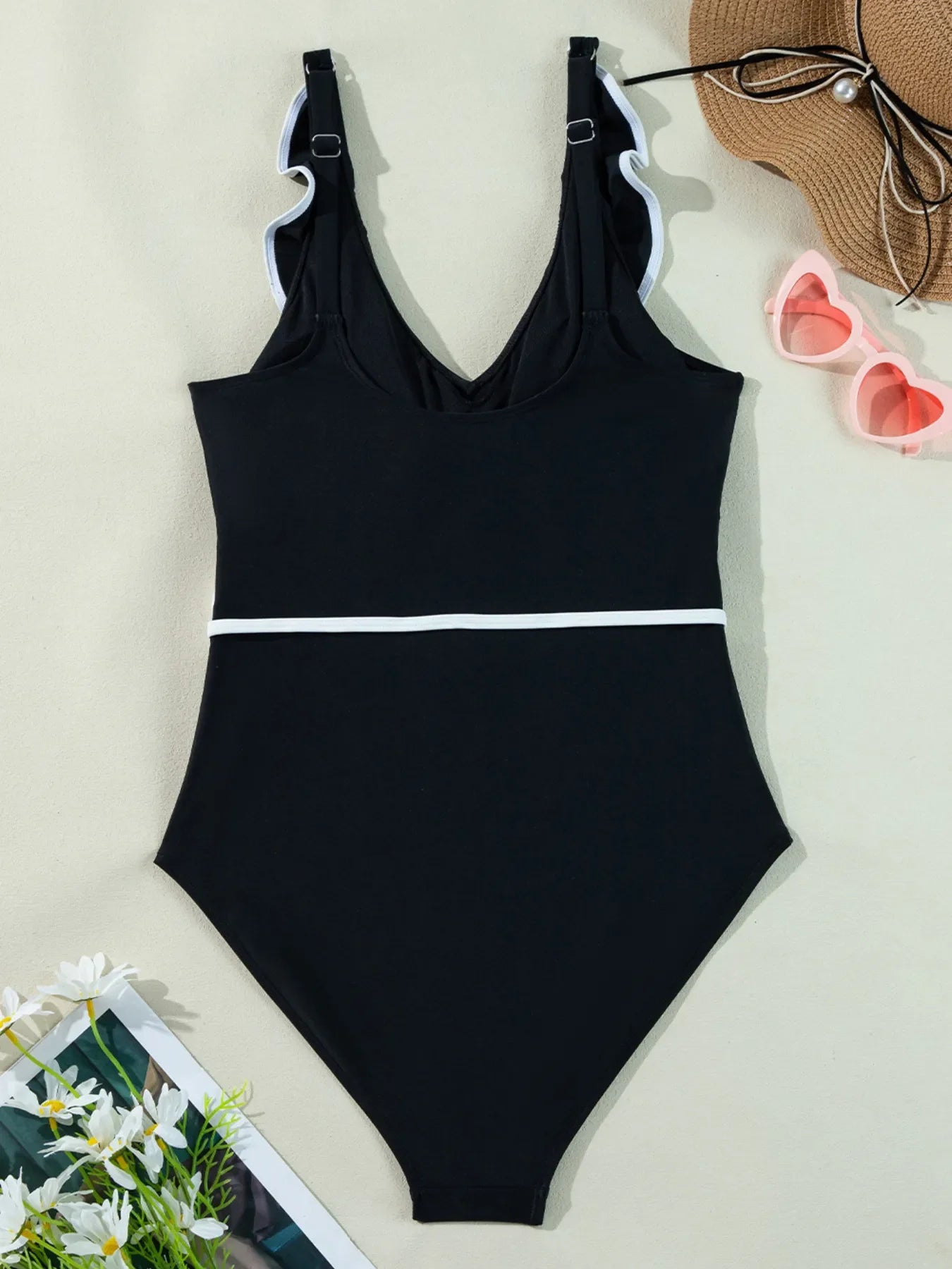 Hazel Blues® | Ruffle Trim V-Neck One-Piece Swimsuit