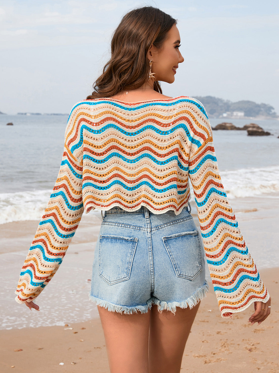 Hazel Blues® | Striped Boat Neck Long Sleeve Cover Up