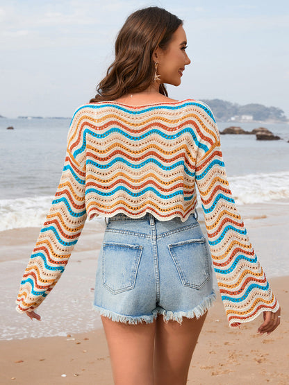Hazel Blues® | Striped Boat Neck Long Sleeve Cover Up
