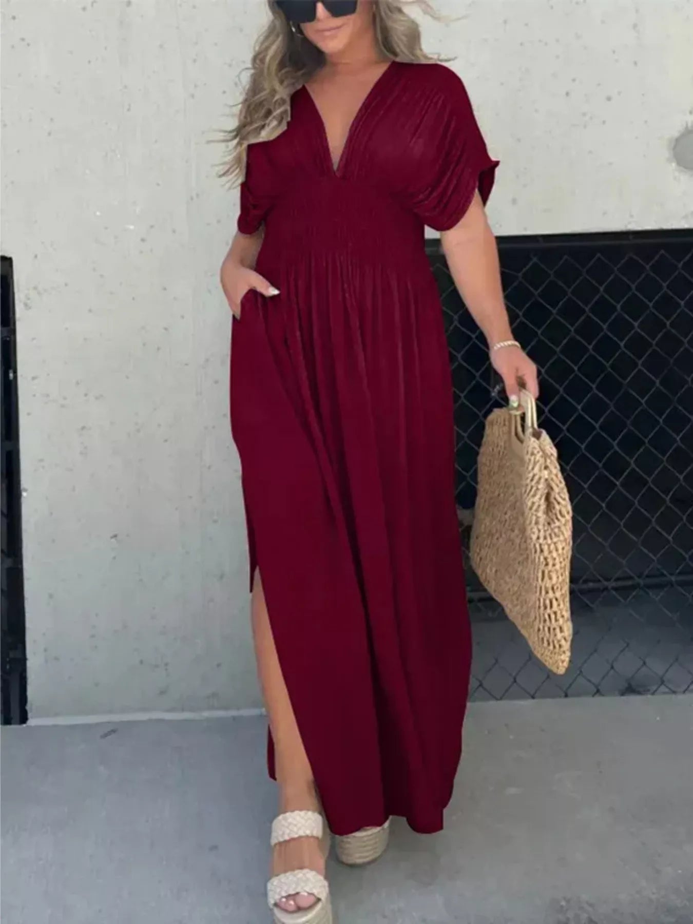 Hazel Blues® | Slit V-Neck Smocked Waist Maxi Dress