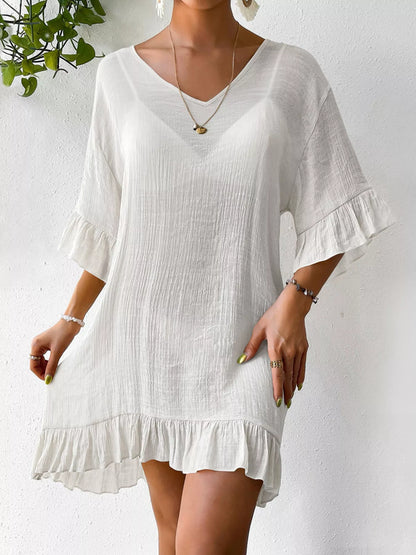 Hazel Blues® | Ruffle Trim Butterfly Back V-Neck Cover-Up Dress