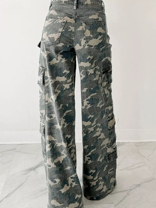 Hazel Blues® |  Camo Print Wide Leg Cargo Jeans