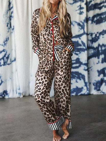 Hazel Blues® |  Leopard and Striped Trim Shirt and Pants Set