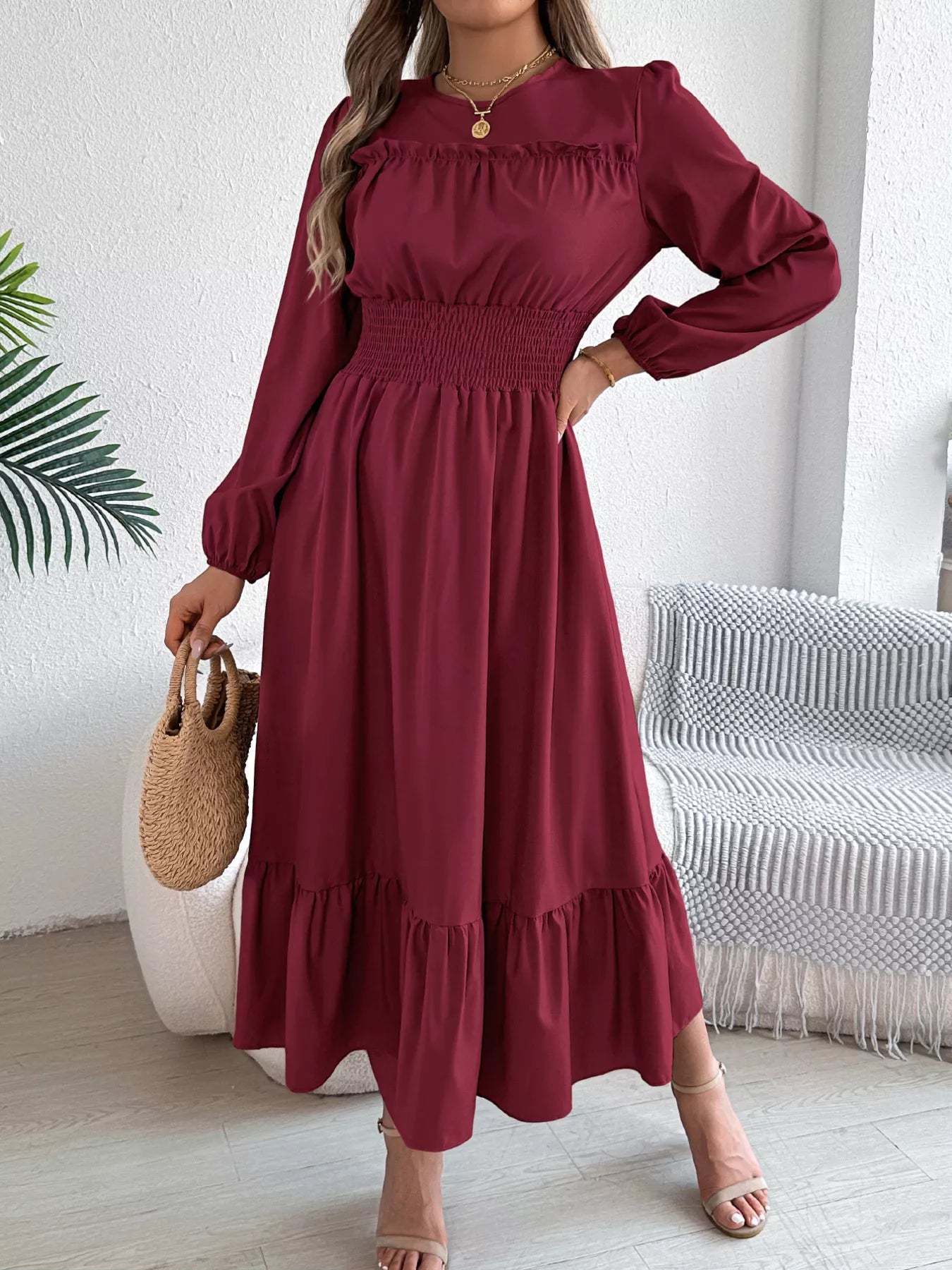 Hazel Blues® |  Round Neck Balloon Sleeve Tiered Dress