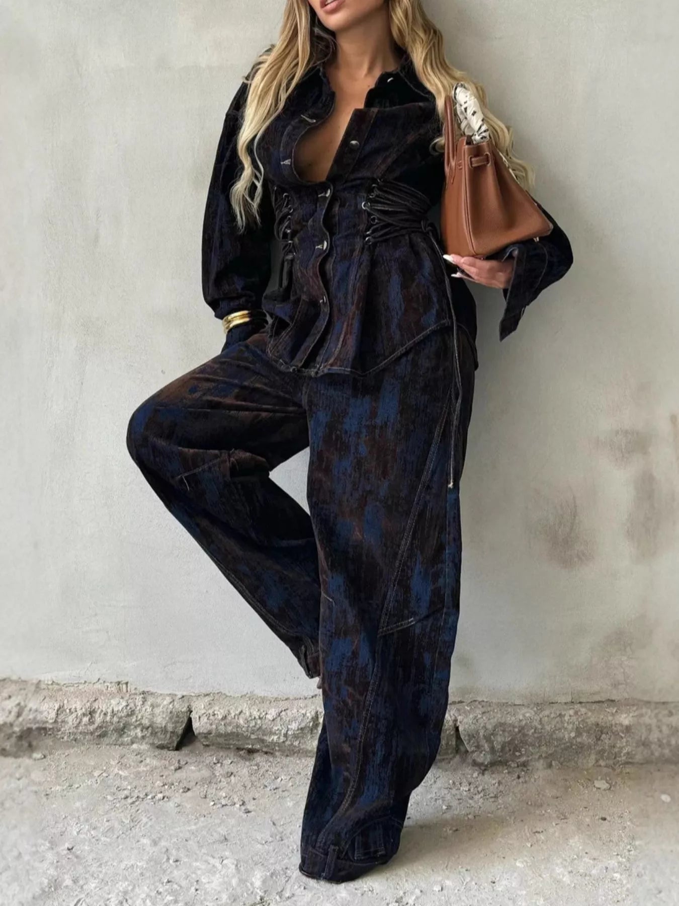 Hazel Blues® |  Lace Up Button Up Jacket and Jeans Denim Set