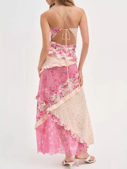 Hazel Blues® |  Lace Floral Print Ruffle Trim Maxi Dress