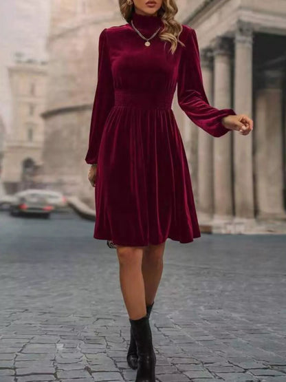 Hazel Blues® |  Velvet High Neck Long Sleeve A-Line Dress