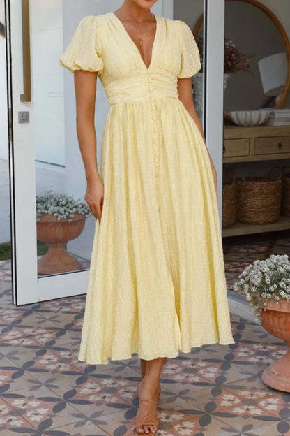 Hazel Blues® |  V-Neck Puff Short Sleeve Midi Dress