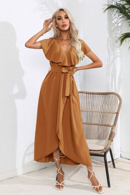 Hazel Blues® |  Tied Front Ruffled Short Sleeve Midi Dress