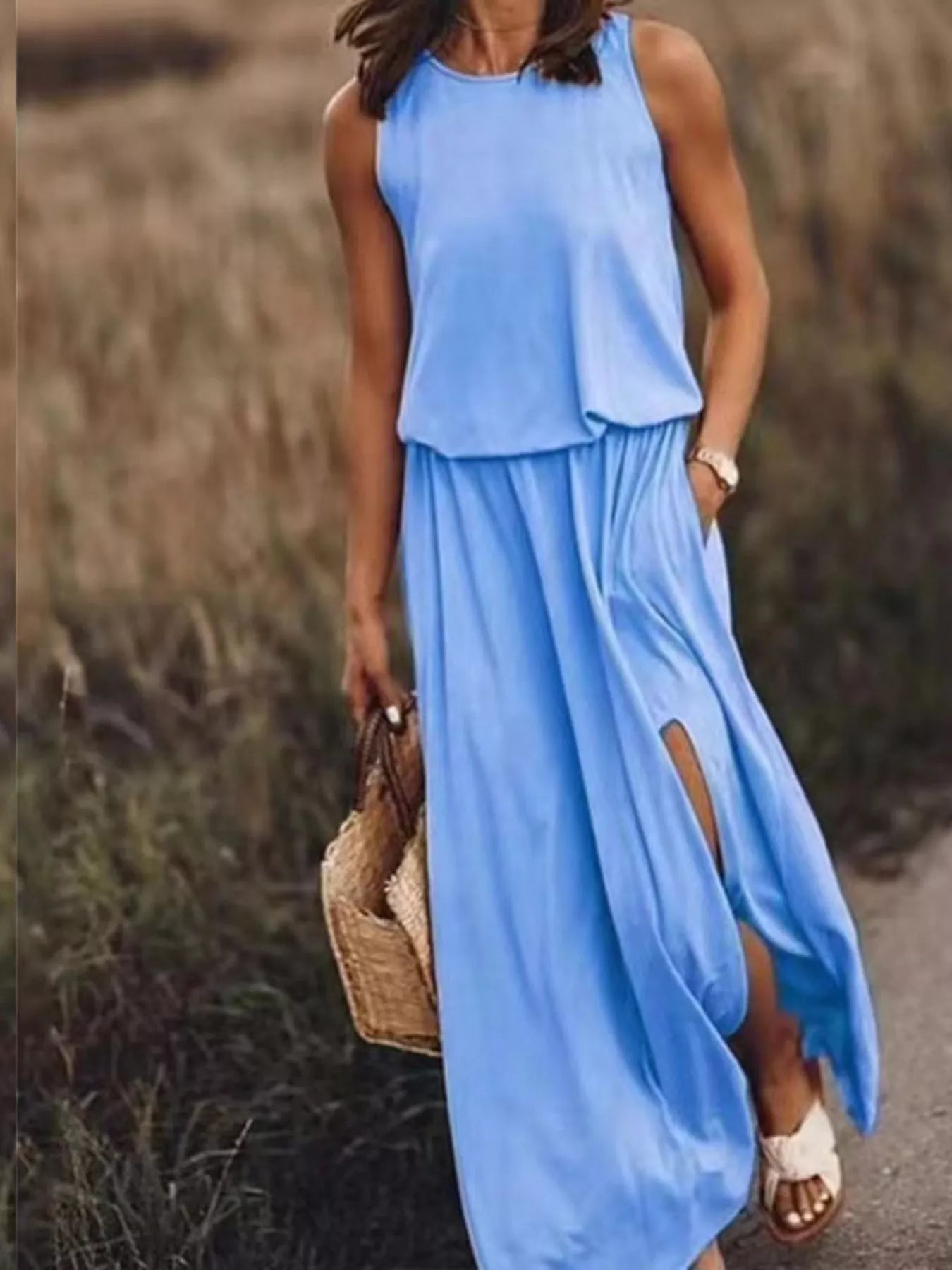 Hazel Blues® | Round Neck Sleeveless Slit Maxi Dress