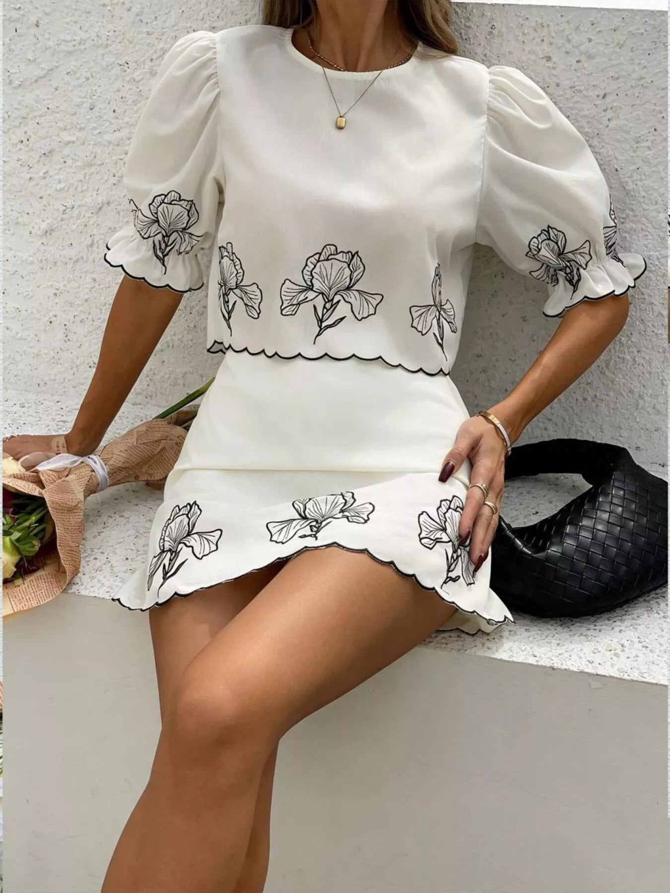 Hazel Blues® |  Floral Scallop Trim Top and Skirt Two-Piece Set