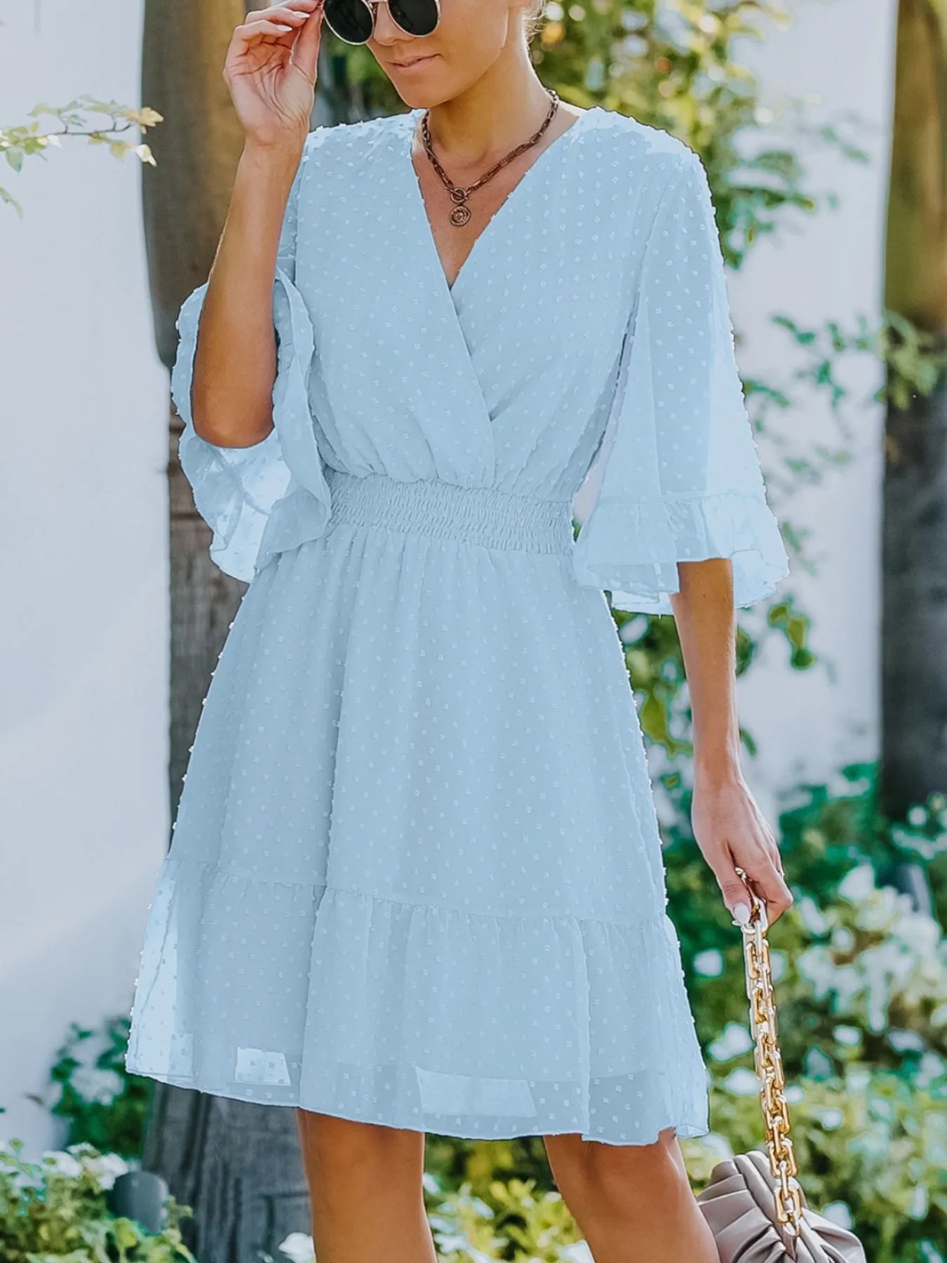 Hazel Blues® |  Swiss Dot Flare Sleeve Wrap Mini Dress