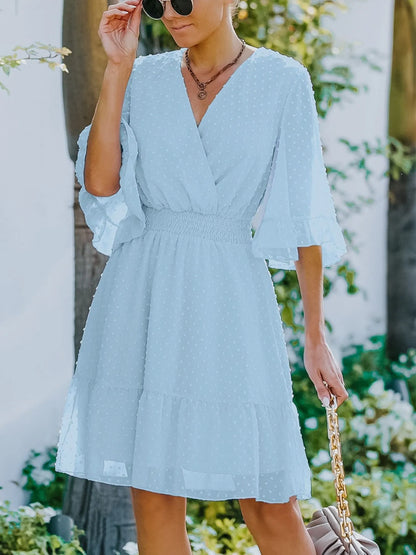 Hazel Blues® |  Swiss Dot Flare Sleeve Wrap Mini Dress