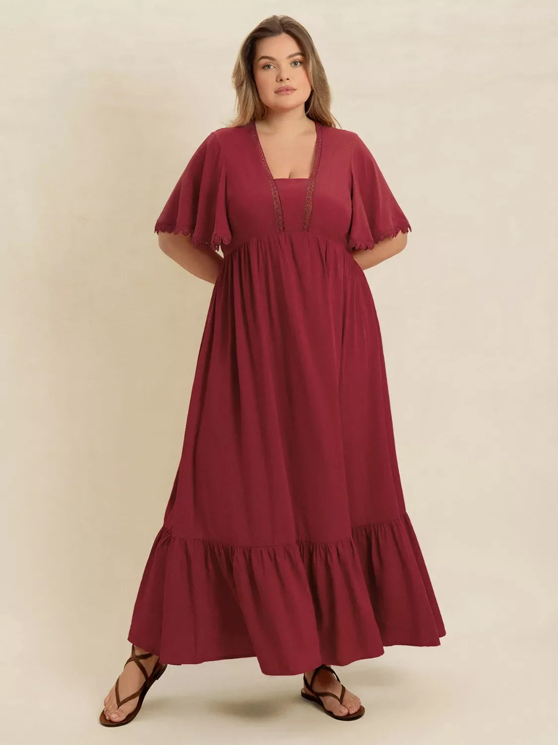 Hazel Blues® | Lace Detail Flutter Sleeve Maxi Dress