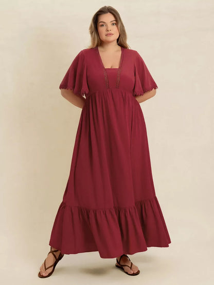 Hazel Blues® | Lace Detail Flutter Sleeve Maxi Dress