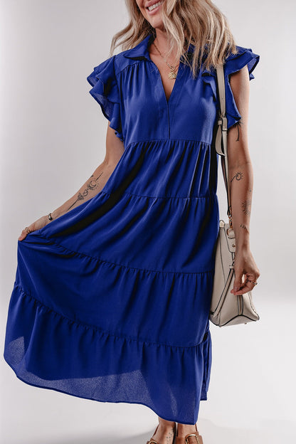Hazel Blues® |  Ruffled Short Sleeve Collared V Neck Tiered Midi Dress