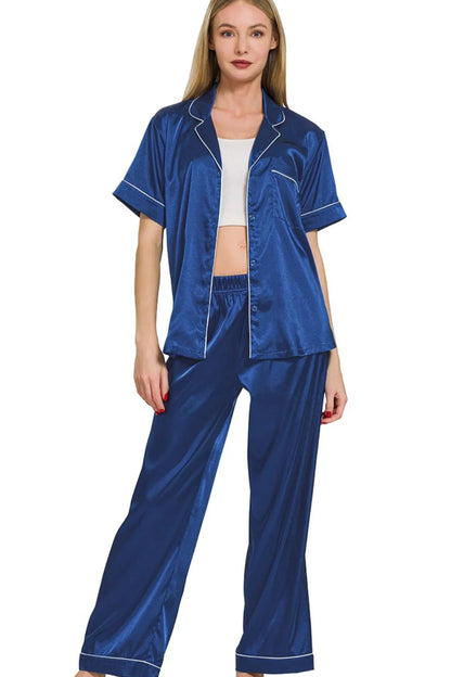 Hazel Blues® |  Zenana Satin Short Sleeve Top and Pants Pajama Set