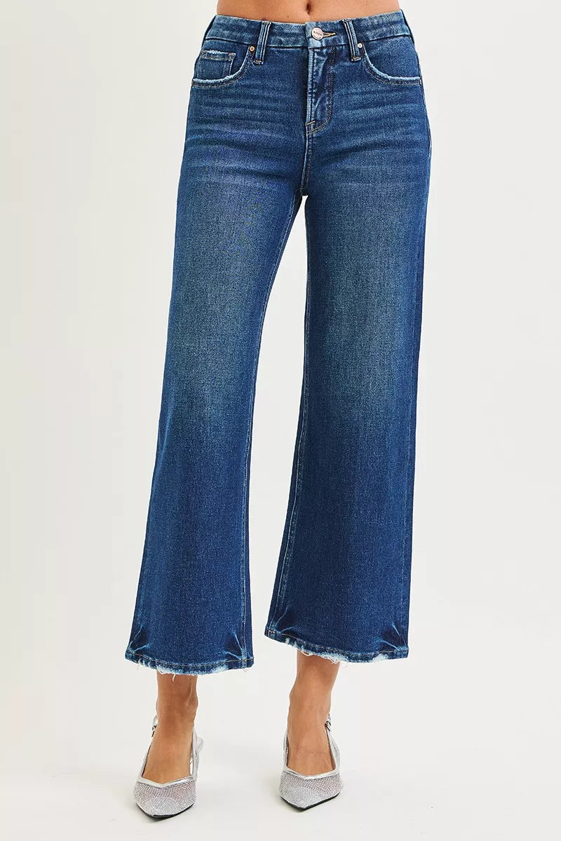 Hazel Blues® |  RISEN Tummy Control 4 Way Stretch High Rise Crop Wide Leg Jeans