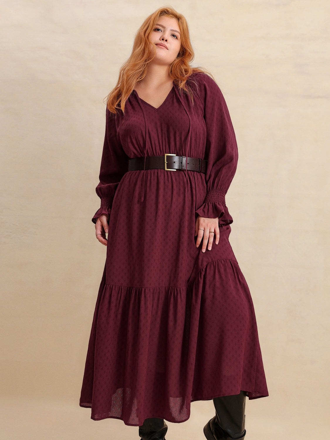 Hazel Blues® | Swiss Dot Tie Neck Flounce Sleeve Maxi Dress