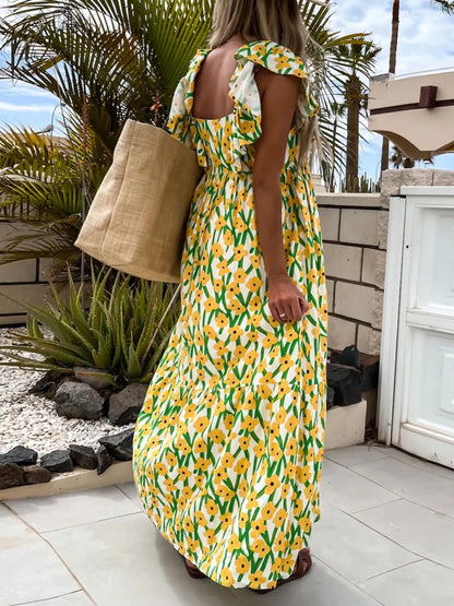 Hazel Blues® |  Ruffled Printed Cap Sleeve Midi Dress