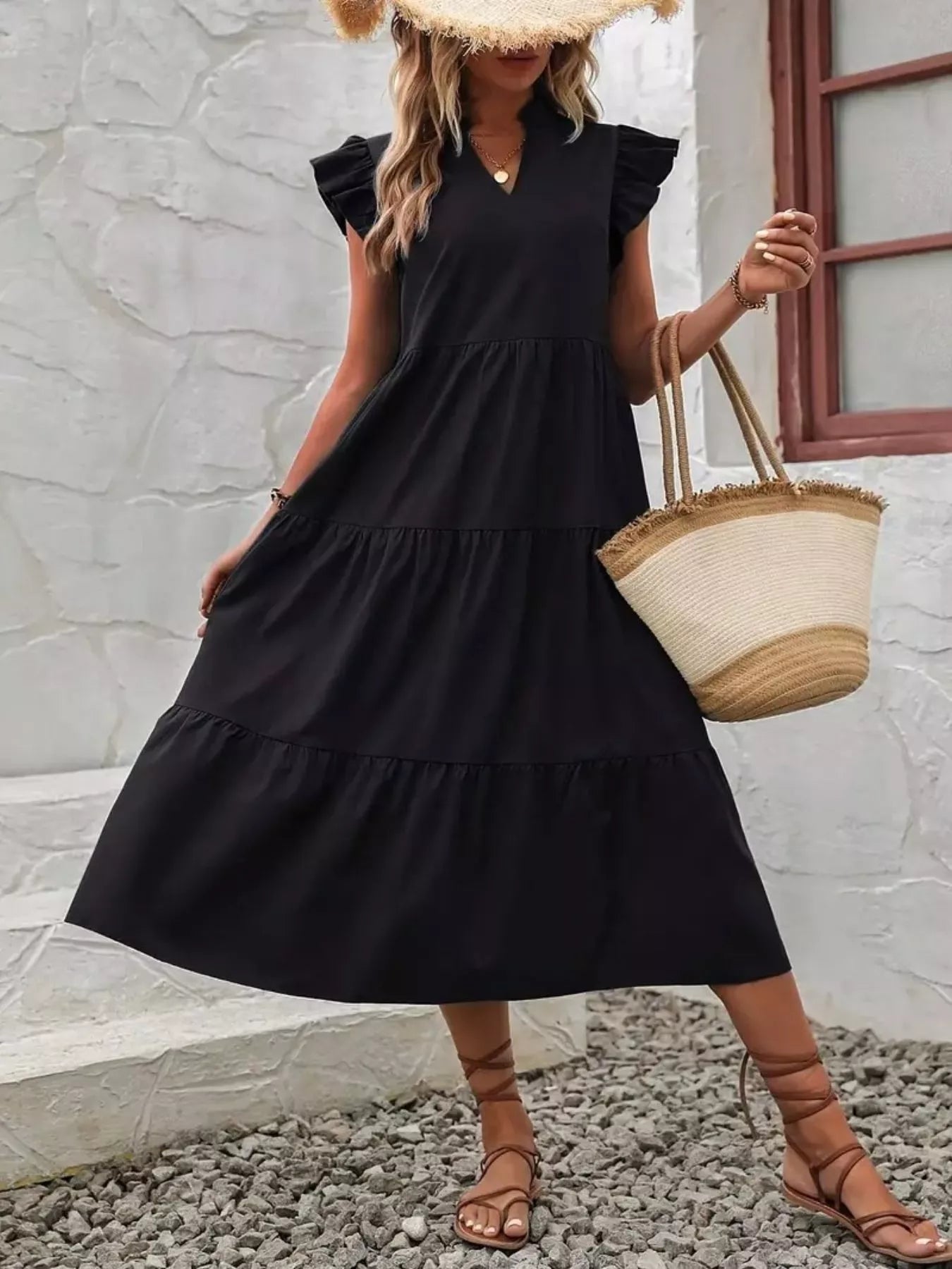 Hazel Blues® |  Ruffle Sleeve Tiered Midi Dress