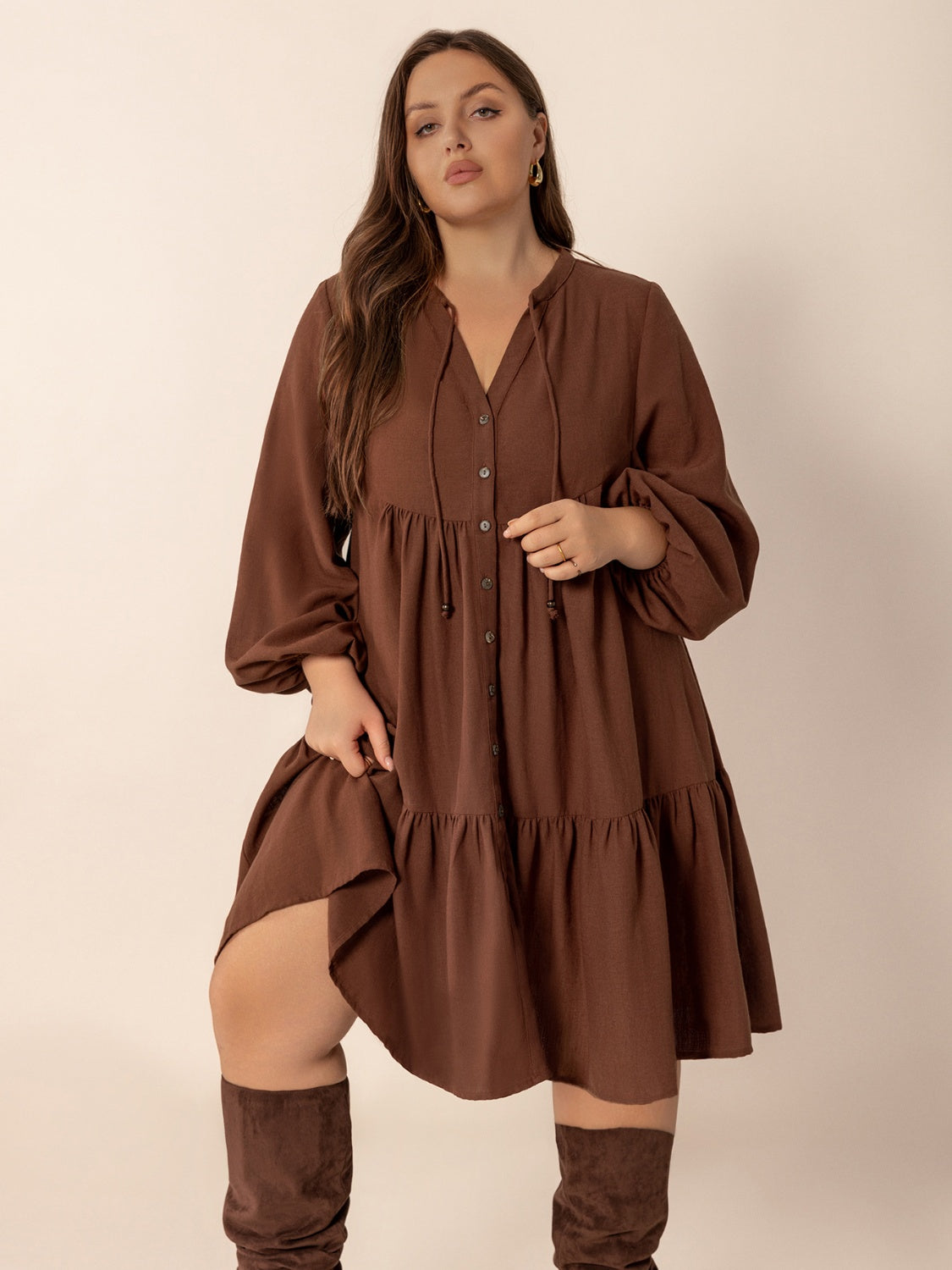 Hazel Blues® | Tie Neck Balloon Sleeve Tiered Dress