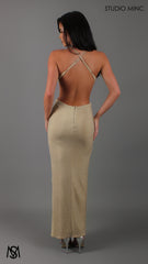 Cosmic - Light Gold Midi Cocktail Dress | Rhinestone glitter stretch jersey plunge V neckline side cut outs backless