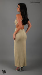 Cosmic - Light Gold Midi Cocktail Dress | Rhinestone glitter stretch jersey plunge V neckline side cut outs backless