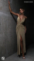 Cosmic - Light Gold Midi Cocktail Dress | Rhinestone glitter stretch jersey plunge V neckline side cut outs backless