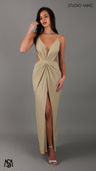 Cosmic - Light Gold Midi Cocktail Dress | Rhinestone glitter stretch jersey plunge V neckline side cut outs backless