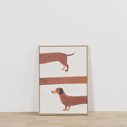 Half & Half Hound Framed Artwork with playful stretched sausage dog illustration in warm earthy tones against a white background