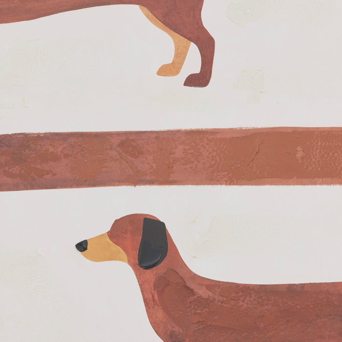 Half & Half Hound Framed Artwork wall art featuring playful brown and tan stretched sausage dogs on a neutral background