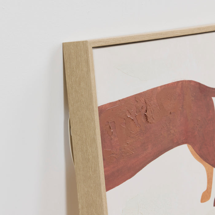 Half & Half Hound Framed Artwork close-up, showing textured sausage dog illustration in an oak-look timber frame