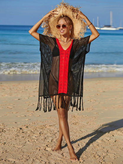 Hazel Blues® | Contrast Fringe Trim Openwork Cover-Up Dress