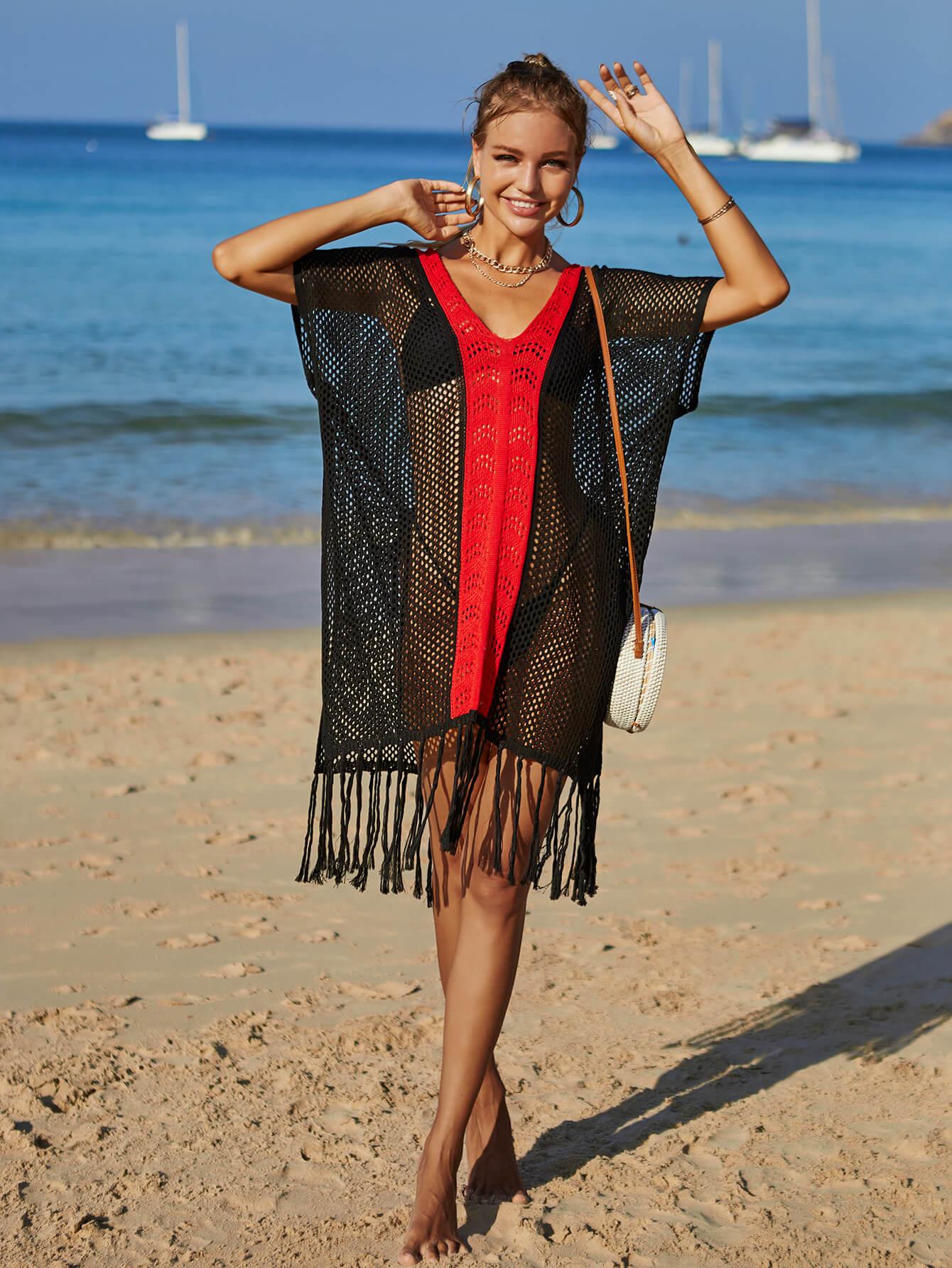 Hazel Blues® | Contrast Fringe Trim Openwork Cover-Up Dress