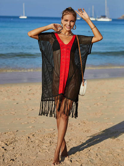 Hazel Blues® | Contrast Fringe Trim Openwork Cover-Up Dress