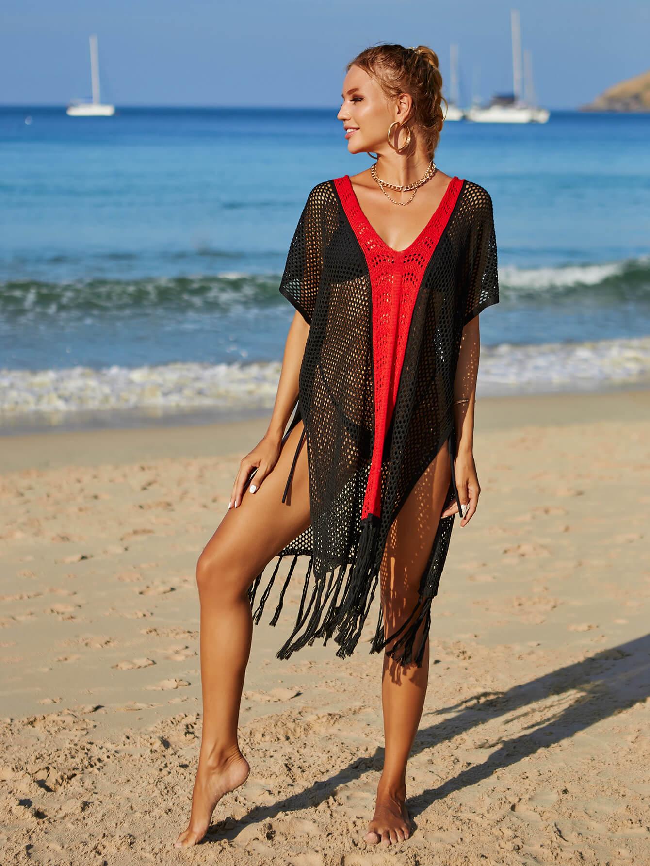 Hazel Blues® | Contrast Fringe Trim Openwork Cover-Up Dress