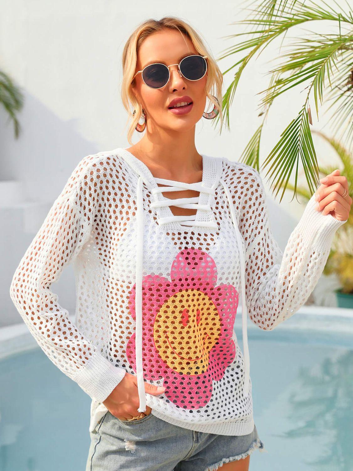 Hazel Blues® | Flower Graphic Lace-Up Openwork Hooded Cover Up
