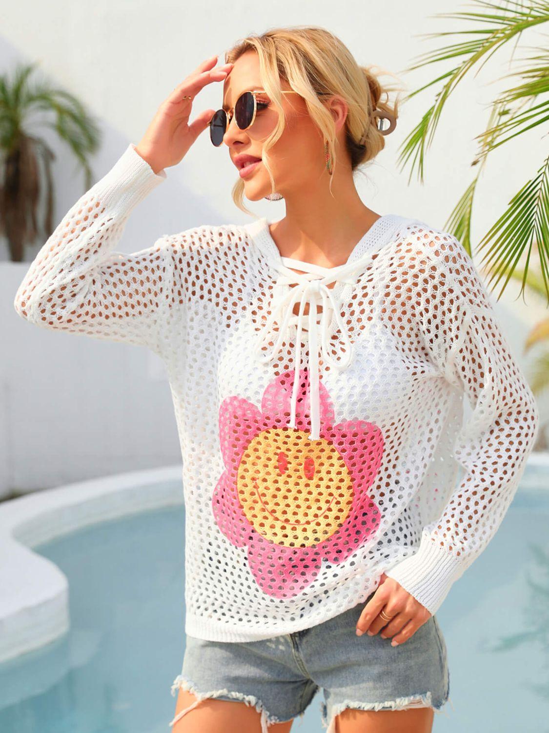 Hazel Blues® | Flower Graphic Lace-Up Openwork Hooded Cover Up