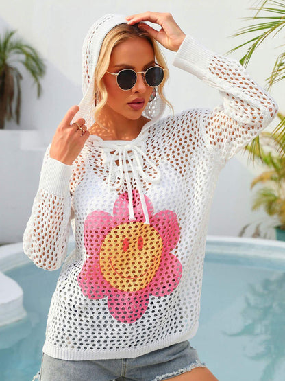 Hazel Blues® | Flower Graphic Lace-Up Openwork Hooded Cover Up